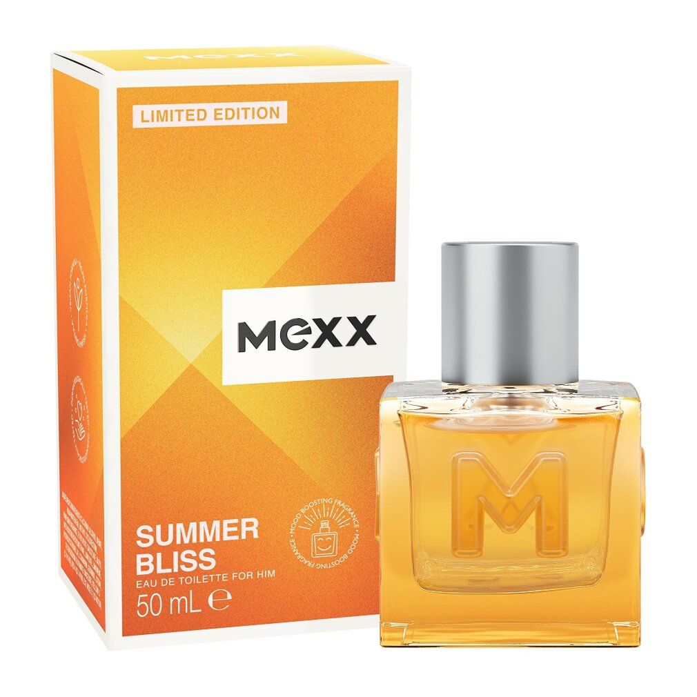 Parfümflakon und Verpackung. Flakon mit silbernem Deckel, gelber Flüssigkeit und großem 'M'. Verpackung orange mit 'Mexx' und 'Summer Bliss'.