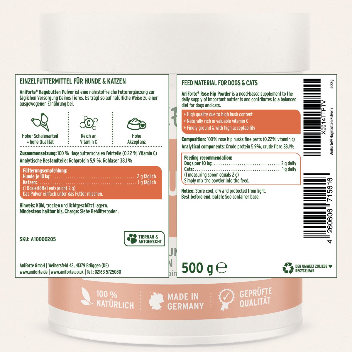 Etikett mit Text: Aniforte Hagebutten Pulver. Einzel- und Ergänzungsfutter. 100% natürlich. 500g. Text in Deutsch und Englisch.