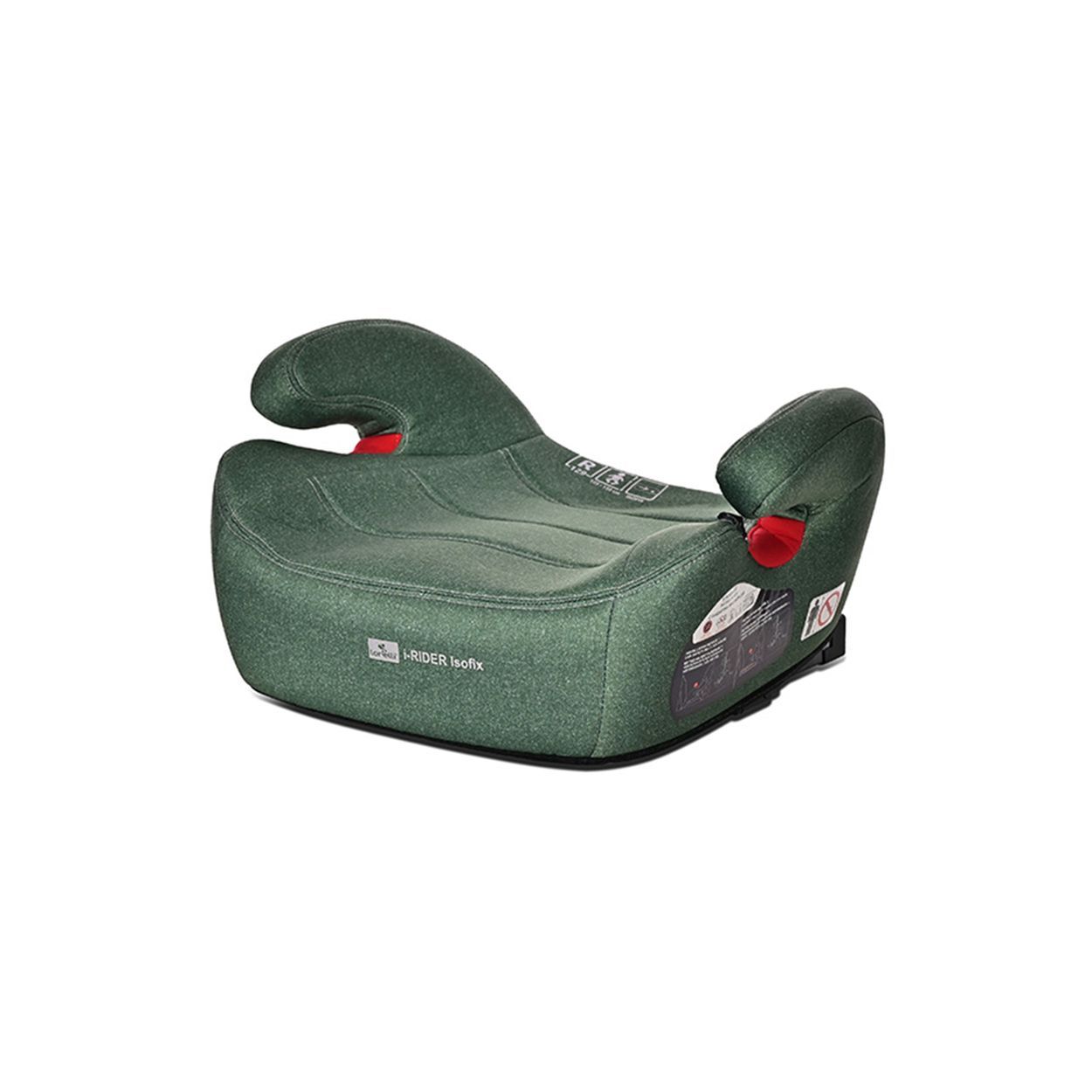 Grüner Kindersitz-Booster mit Armlehnen und roten Verriegelungshebeln.