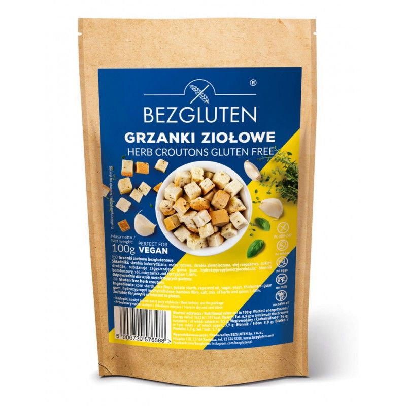 Verpackung mit glutenfreien Kräutercroutons. Blaue und gelbe Etiketten mit Produktnamen und Logo. Braune Papiertüte.