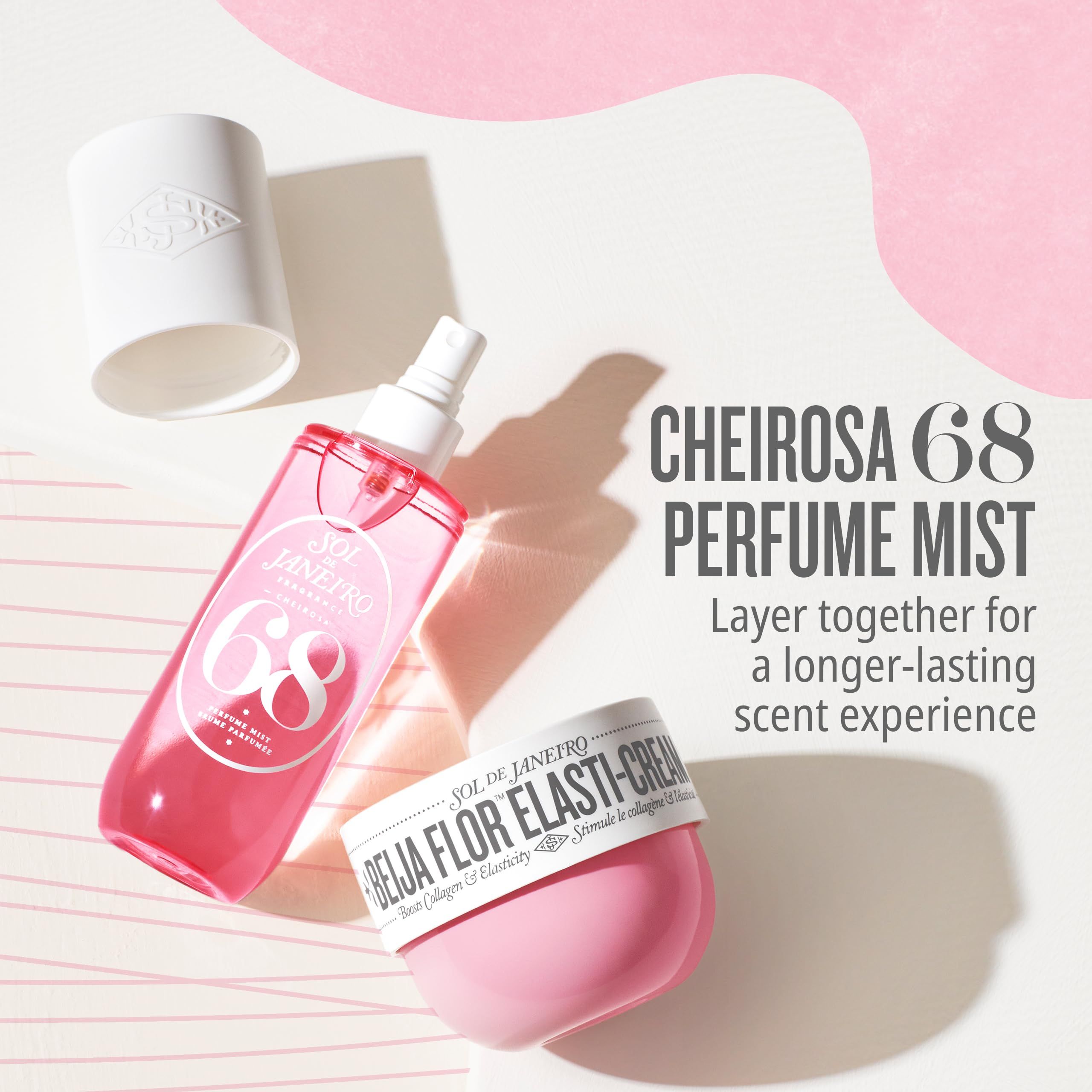 Parfüm-Spray und Creme-Dose. Text: Cheirosa 68 Perfume Mist. Für ein länger anhaltendes Dufterlebnis.