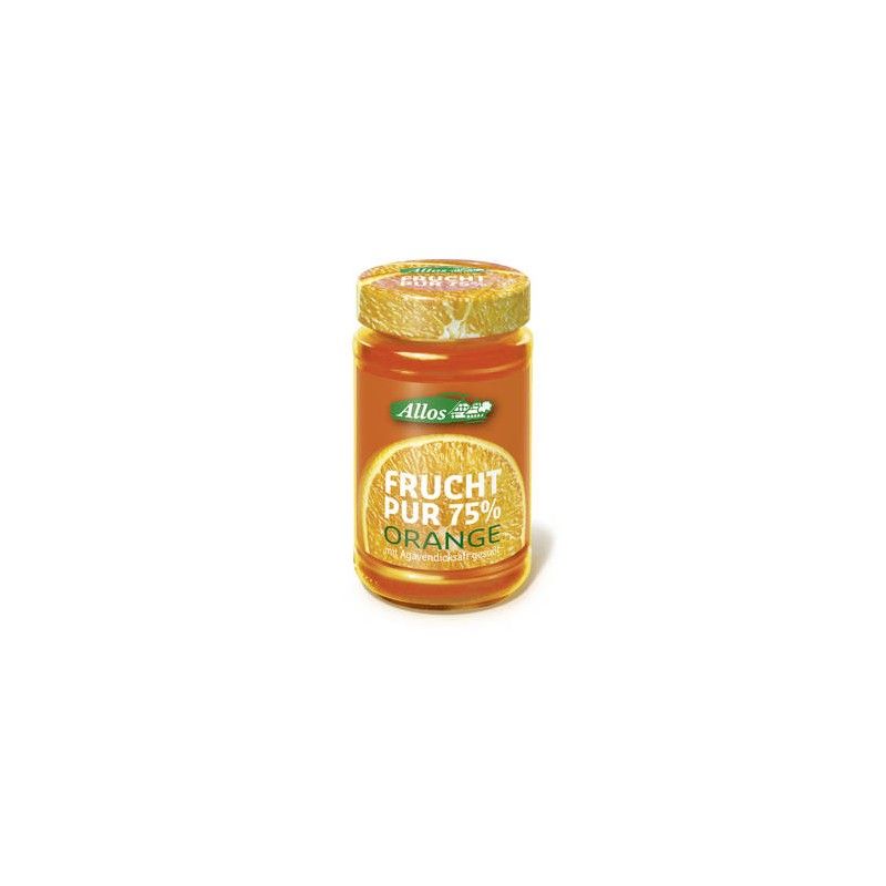 Glas mit Frucht Pur Orange von Allos. Aufschrift: Frucht Pur 75% Orange. Deckel mit Aufschrift.