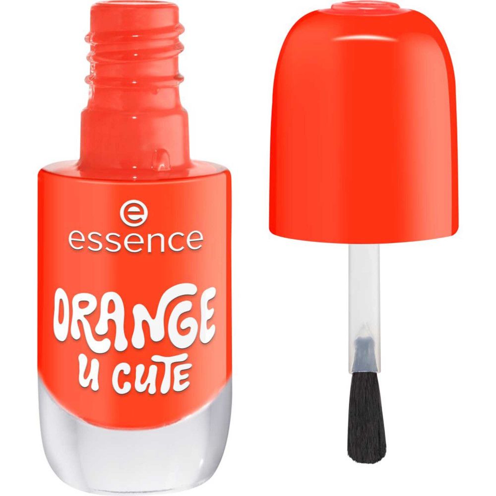 Nagellackflasche, orange, mit geöffnetem Deckel und Pinsel. Aufschrift: essence, ORANGE U CUTE.
