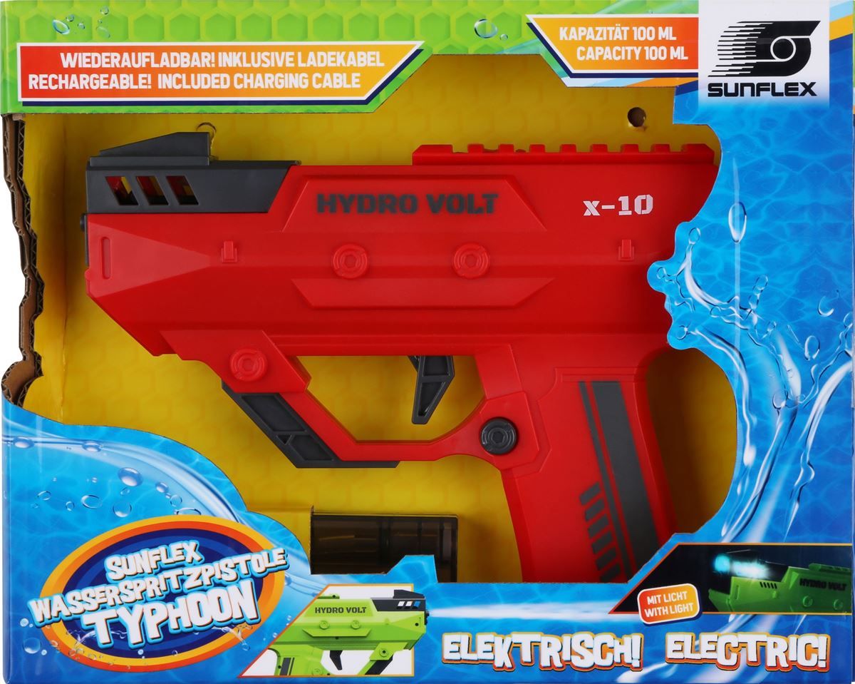 Wasserspritzpistole in Verpackung. Aufschrift "SUNFLEX Wasserspritzpistole Typhoon", "HYDRO VOLT x-10".