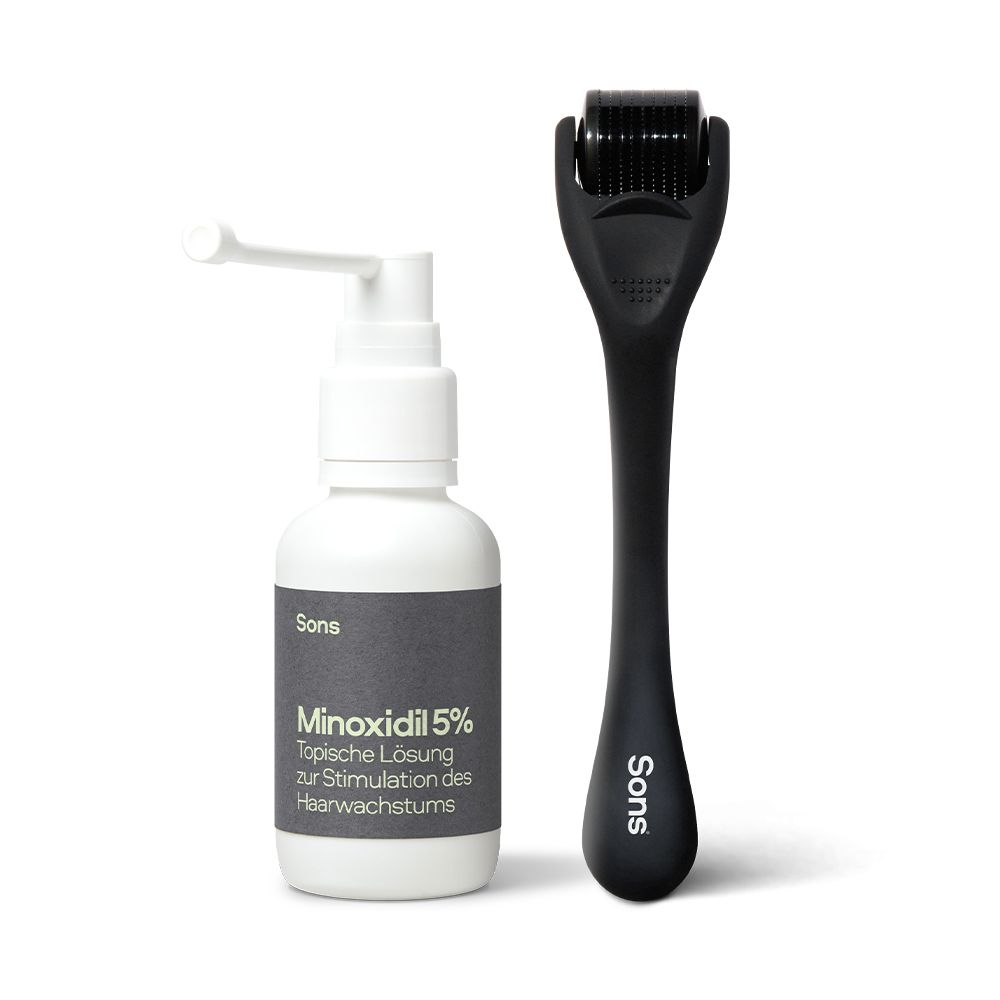 Minoxidil-Flasche und Derma Roller. Flasche mit Etikett: Minoxidil 5%. Derma Roller schwarz.