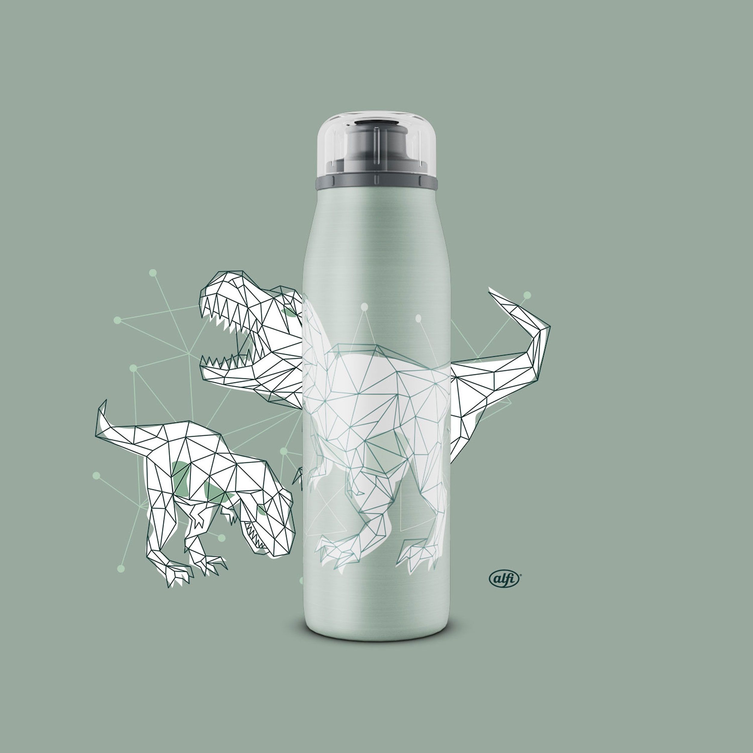 Grüne Isolierflasche mit zwei Dinosaurier-Motiven und Logo.