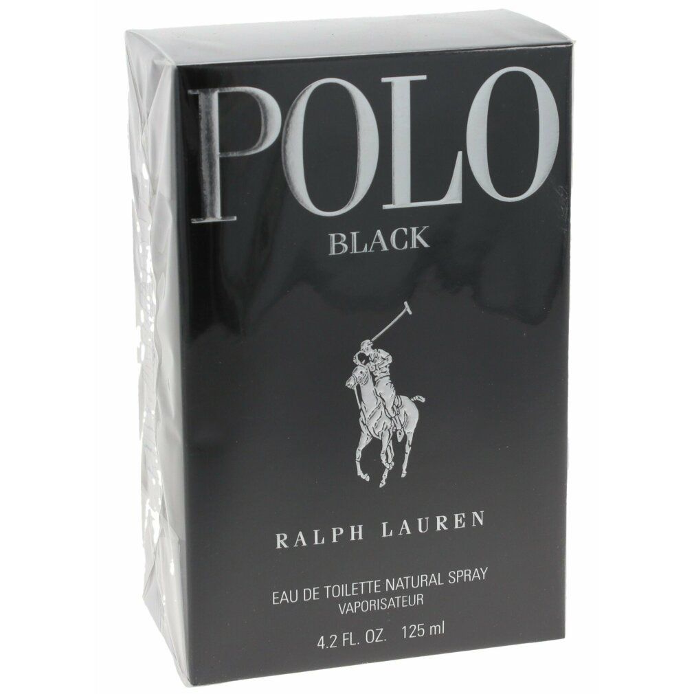Schwarzer Karton mit weißem "POLO BLACK"-Schriftzug und Logo. "RALPH LAUREN" darunter. 4.2 FL. OZ. 125 ml.
