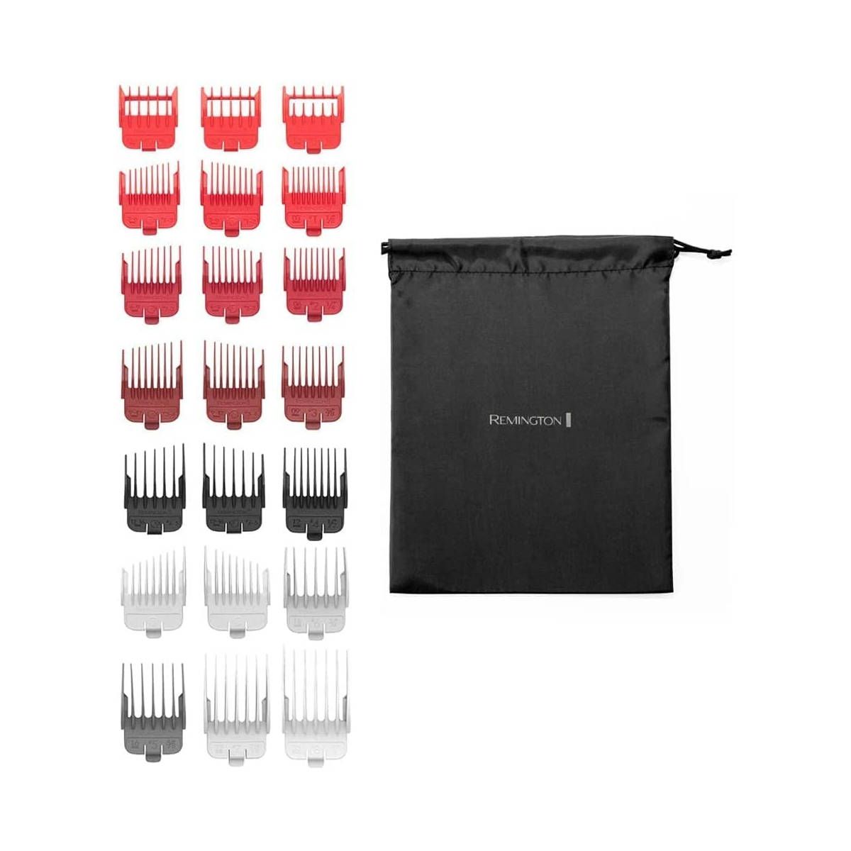 Zubehör für Haarschneider: 16 Aufsätze in Rot, Schwarz und Grau. Schwarze Aufbewahrungstasche mit Remington-Logo.