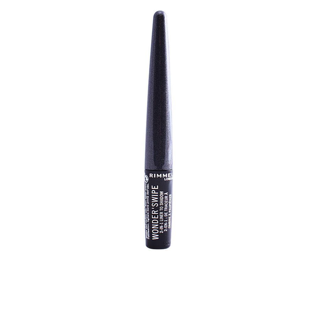 Schwarzer Eyeliner mit spitz zulaufendem Applikator. Aufschrift: Rimmel London Wonder Swipe 2-in-1 Liner to Shadow.