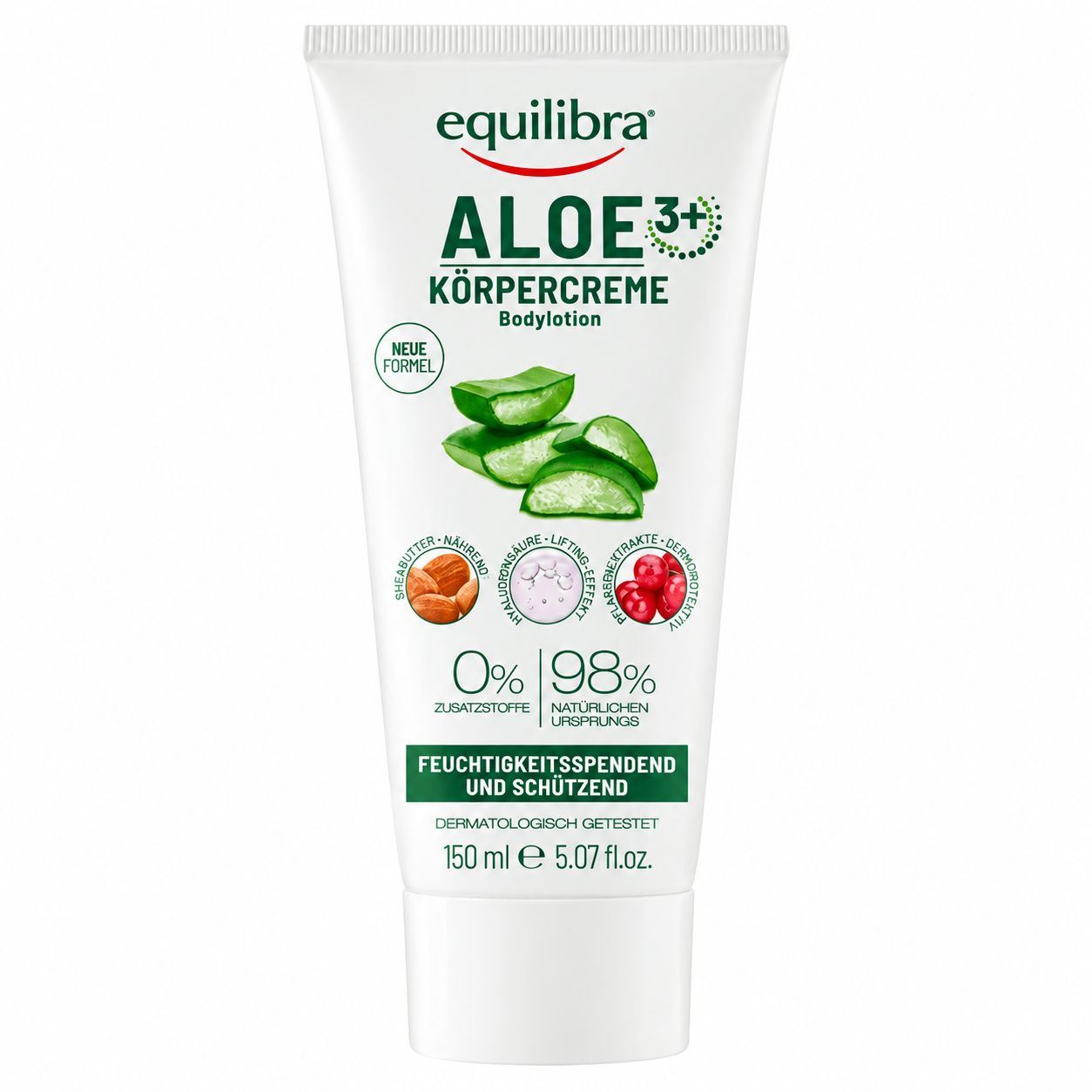 Equilibra Aloe Körörpercreme Bodylotion, 150 ml Tube mit Aloe-Vera-Scheiben.