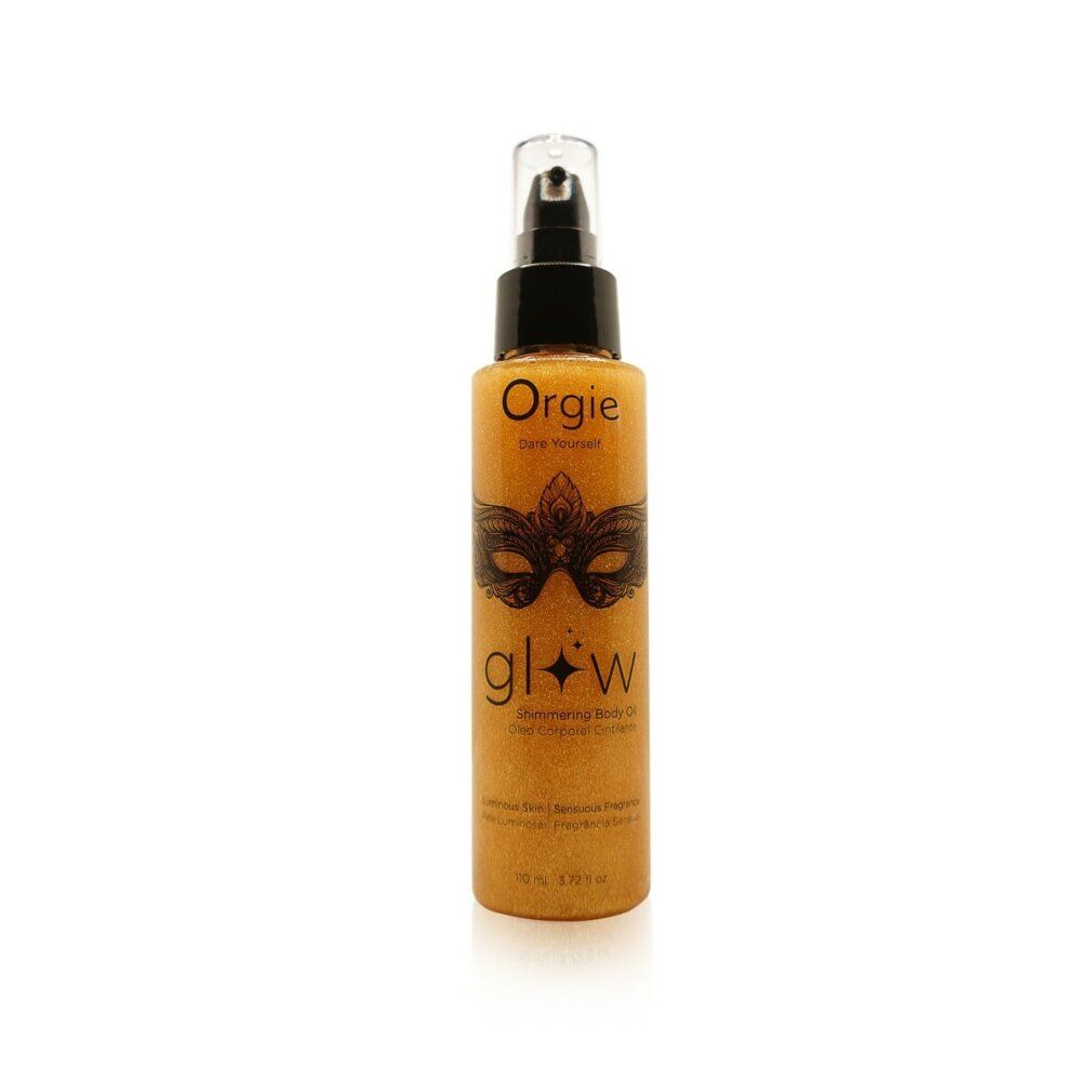 Körperöl-Flasche mit Pumpverschluss. Goldfarbenes Öl mit Etikett: Orgie, Glow, Maske. Text: Shimmering Body Oil.