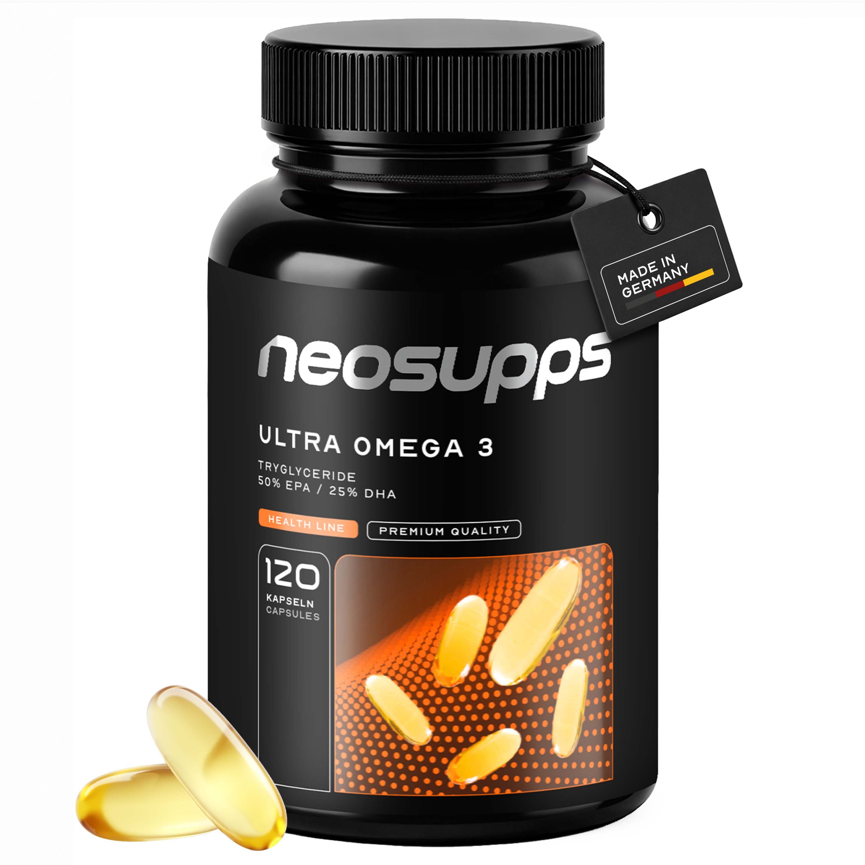 Schwarze Flasche neosupps Ultra Omega 3 mit 120 Kapseln. Anhänger: Made in Germany. Kapseln liegen daneben.