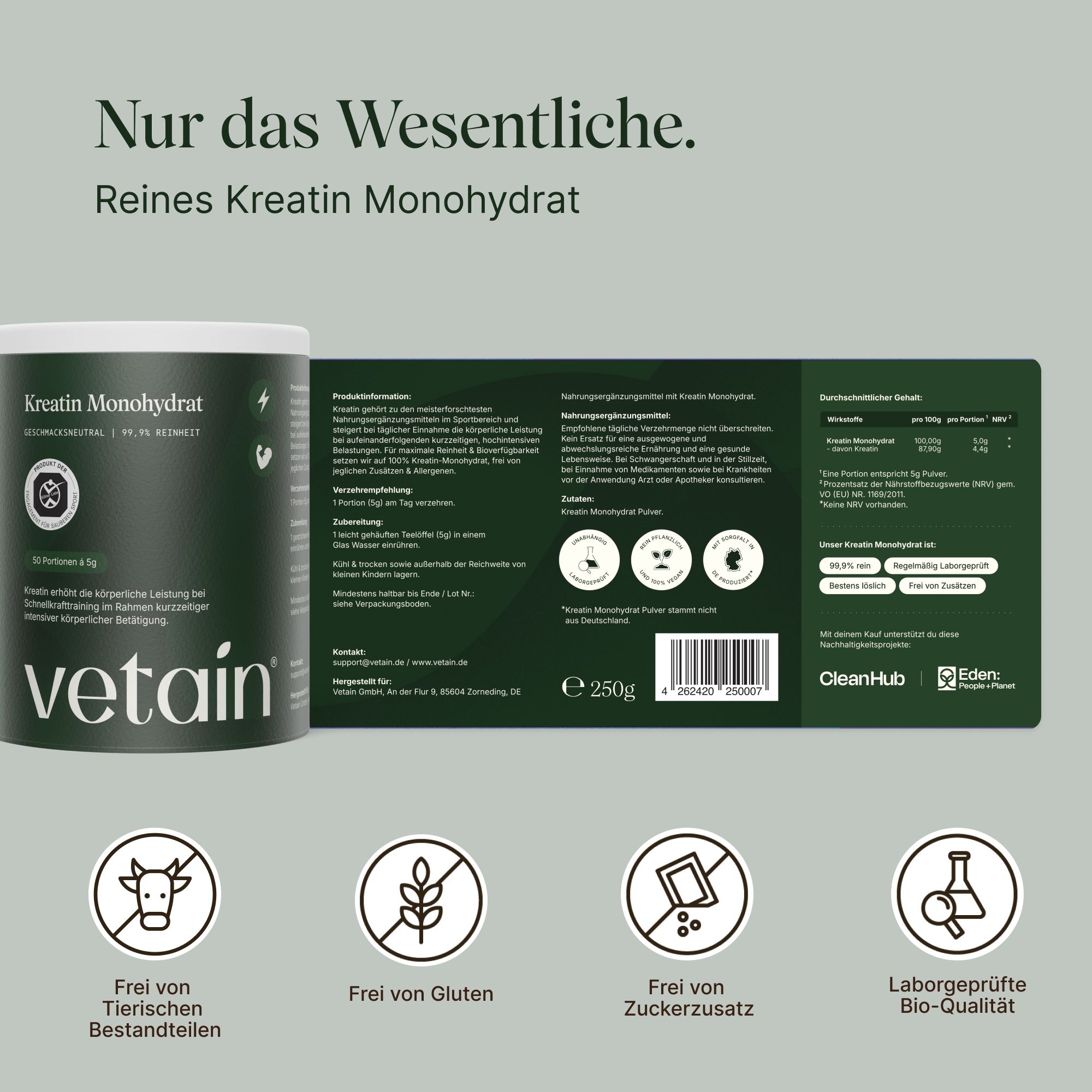 Grüne Dose Kreatin Monohydrat. Text: 250g, 50 Portionen. Informationen zu Inhaltsstoffen, Nährwerten, Zertifizierungen.