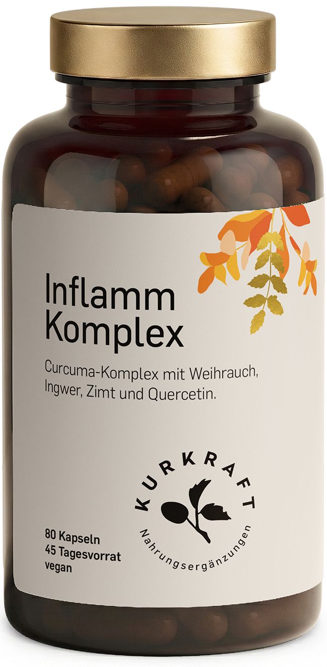 Braune Glasflasche mit Kapseln. Aufschrift: Inflamm Komplex. 80 Kapseln, 45 Tagesvorrat. Marke: Kurkraft©.