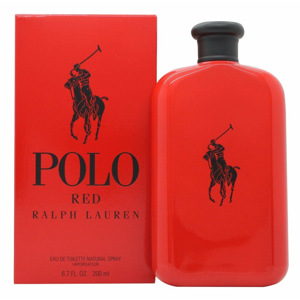 Rotes Eau de Toilette-Spray und Verpackung. Schwarzes Logo mit Reiter. Text: POLO RED, RALPH LAUREN. 6.7 fl. oz. / 200 ml.