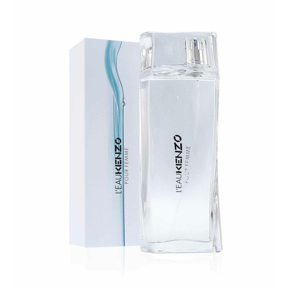 Flakon und Verpackung von Kenzo L'Eau Pour Femme. Rechteckiger Flakon mit Sprühkopf. Verpackung mit Produktnamen und Wasser-Design.