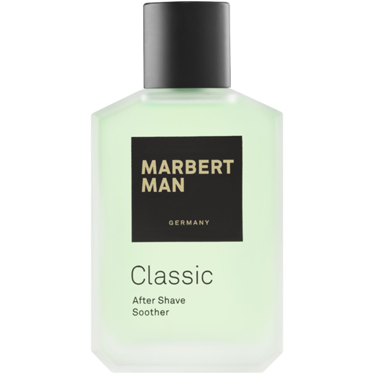 Grüne Flasche mit schwarzem Deckel. Schwarzes Etikett mit "MARBERT MAN Classic After Shave Soother" und "GERMANY".