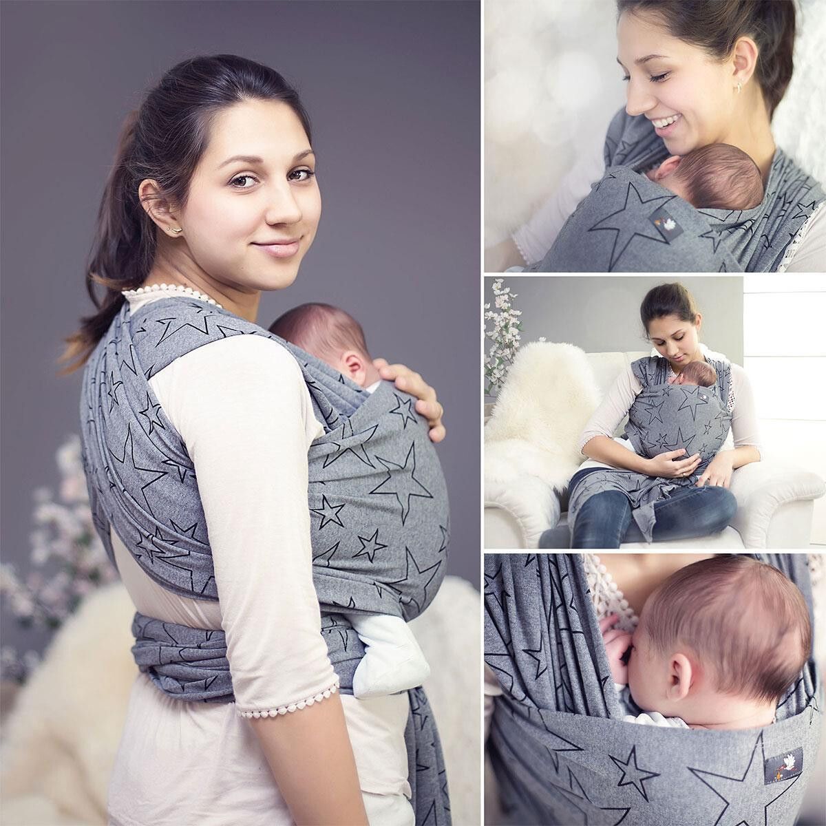 Collage: Frau mit Baby im grauen Tragetuch. Sternenmuster. Mehrere Ansichten. Baby schläft. Logo mit Vogel.
