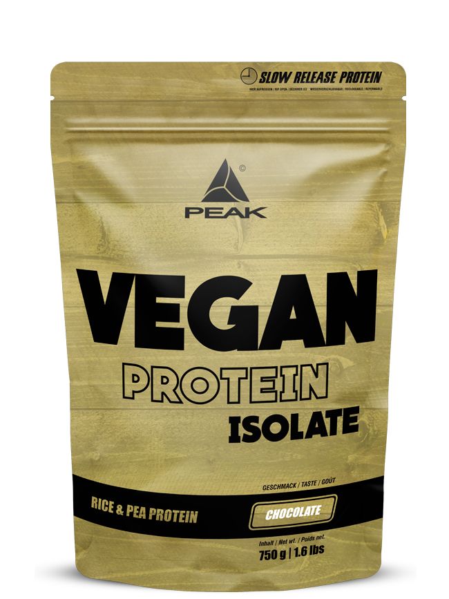 PEAK Vegan Protein Isolat Chocolate, Beutel. Aufschrift: Vegan, Protein, Isolate, Rice & Pea Protein, Chocolate.