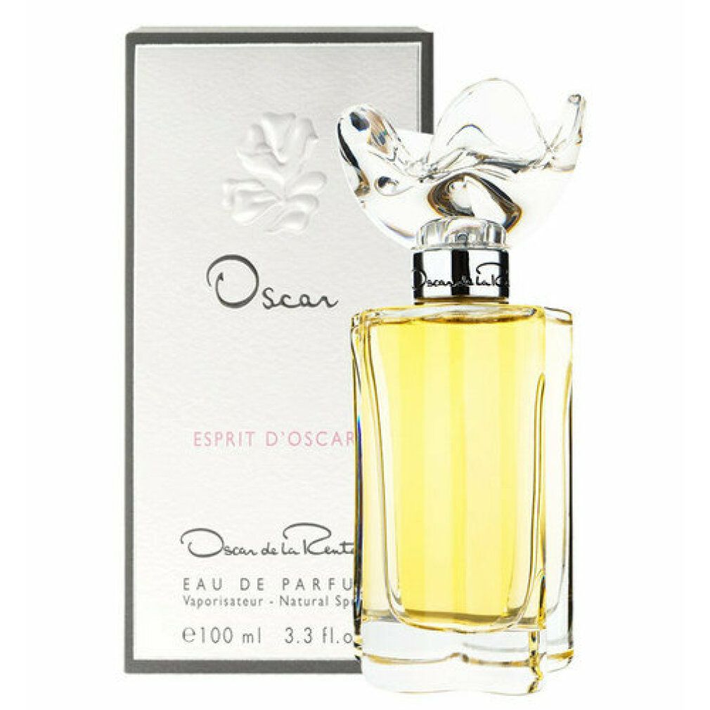 Parfümflasche und Schachtel. Flasche mit blütenförmigem Verschluss. Aufschrift: Oscar, Esprit d'Oscar, Eau de Parfum.