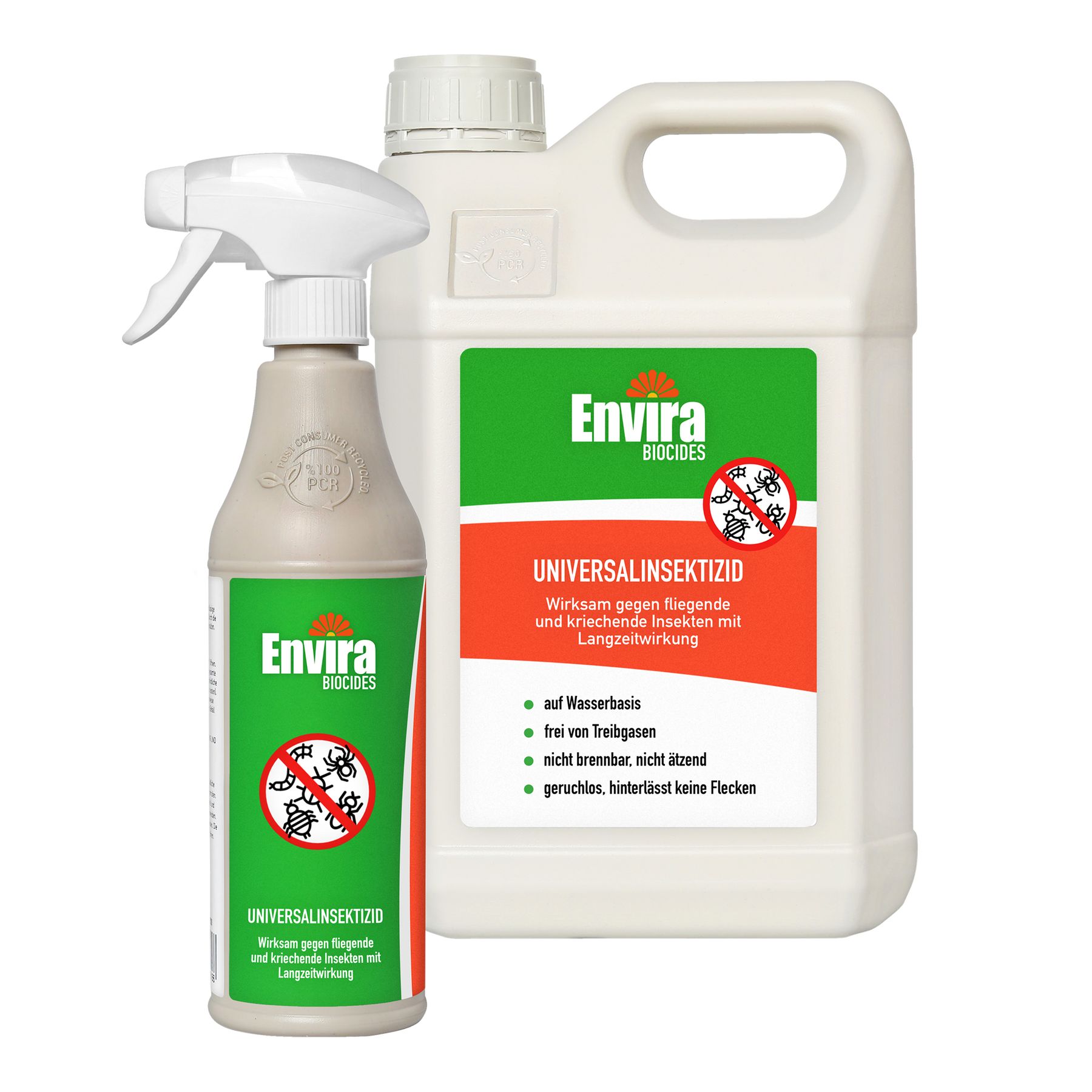 Zwei Produkte: Sprühflasche und Kanister. Aufschrift: Envira, Universal-Insektizid. Grün-rote Etiketten.