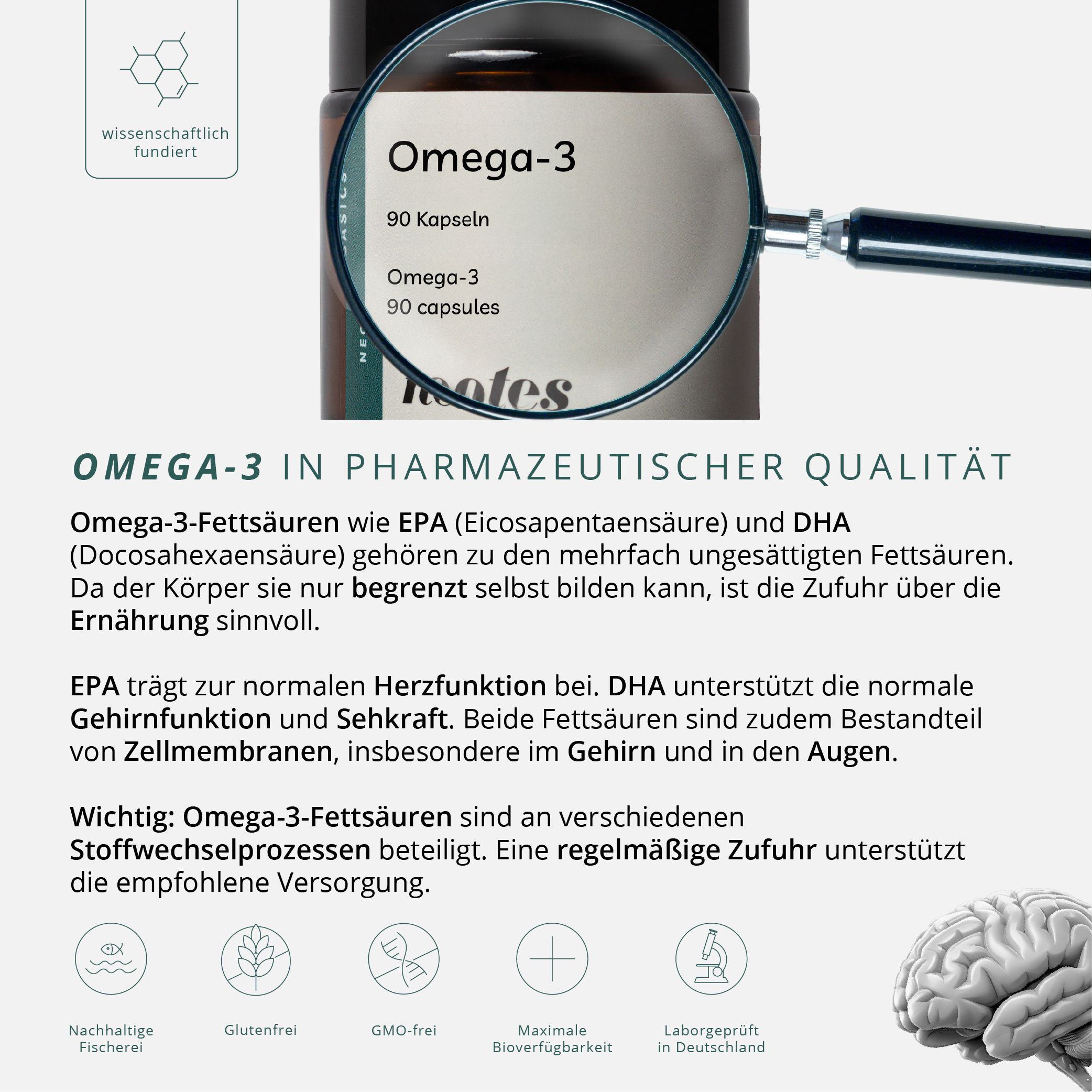 Glasbehälter mit Omega-3 Kapseln. Text: Omega-3 in pharmazeutischer Qualität. Logos: Nachhaltige Fischerei, Laborgeprüft.