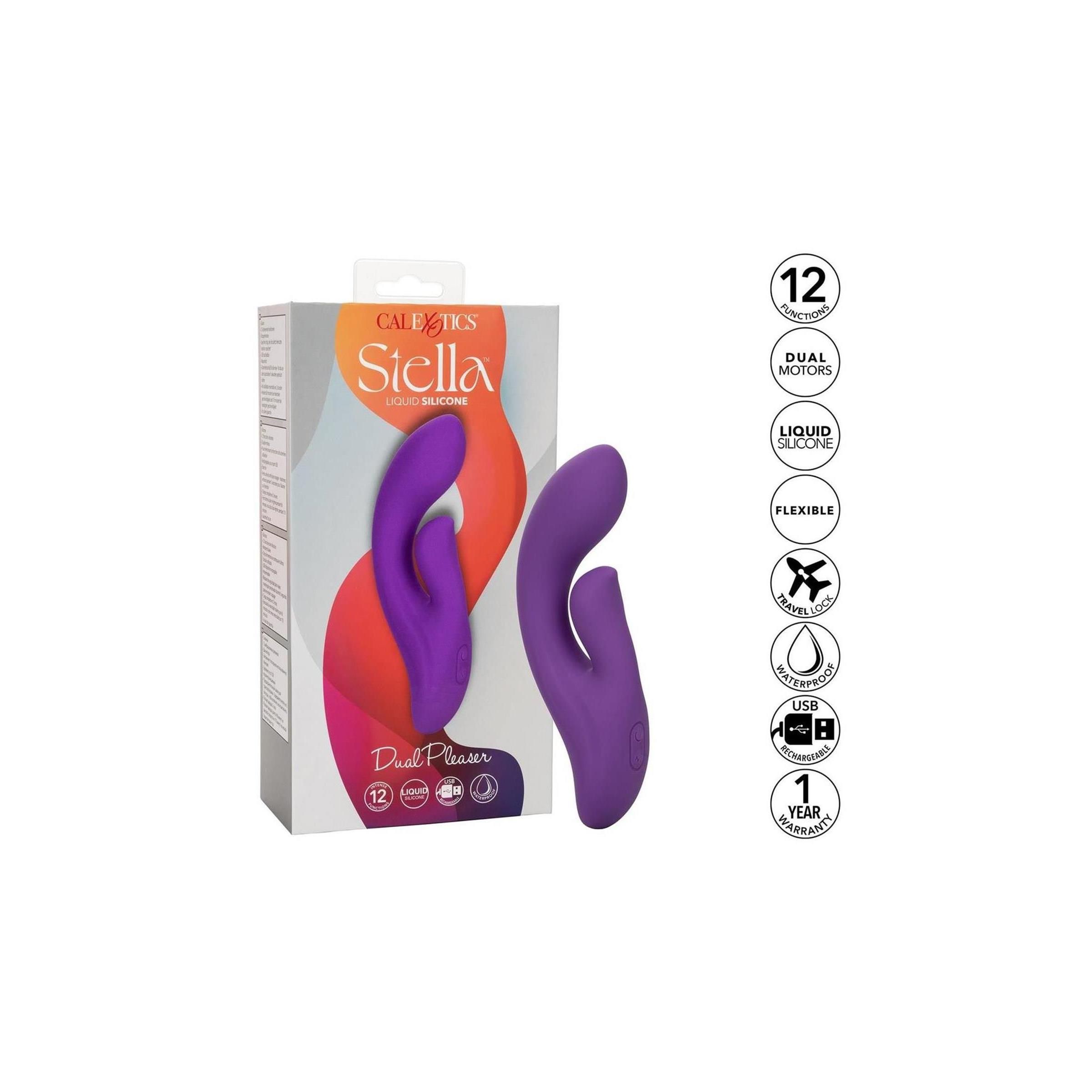 Lila Dual Pleaser. Marke CalExotics, Modell Stella. Aufschrift Dual Pleaser. 12 Funktionen.