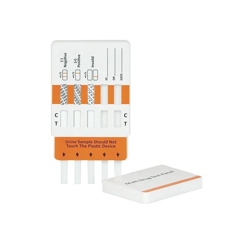 Multi-Drogen-Test-Panel. Weißes Kunststoffgehäuse mit Teststreifen und separater Abdeckung. Orangefarbene Akzente.