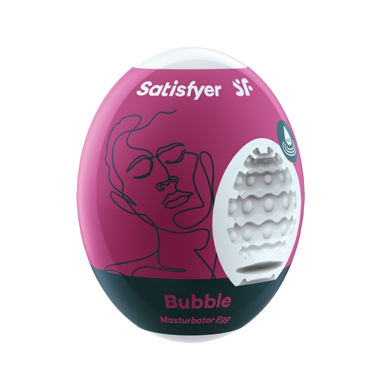 Satisfyer Masturbator Egg 'Bubble'. Pinkfarbene Eiform mit schwarzer Gesichtskonturzeichnung und weißem Einsatz mit Rillen.