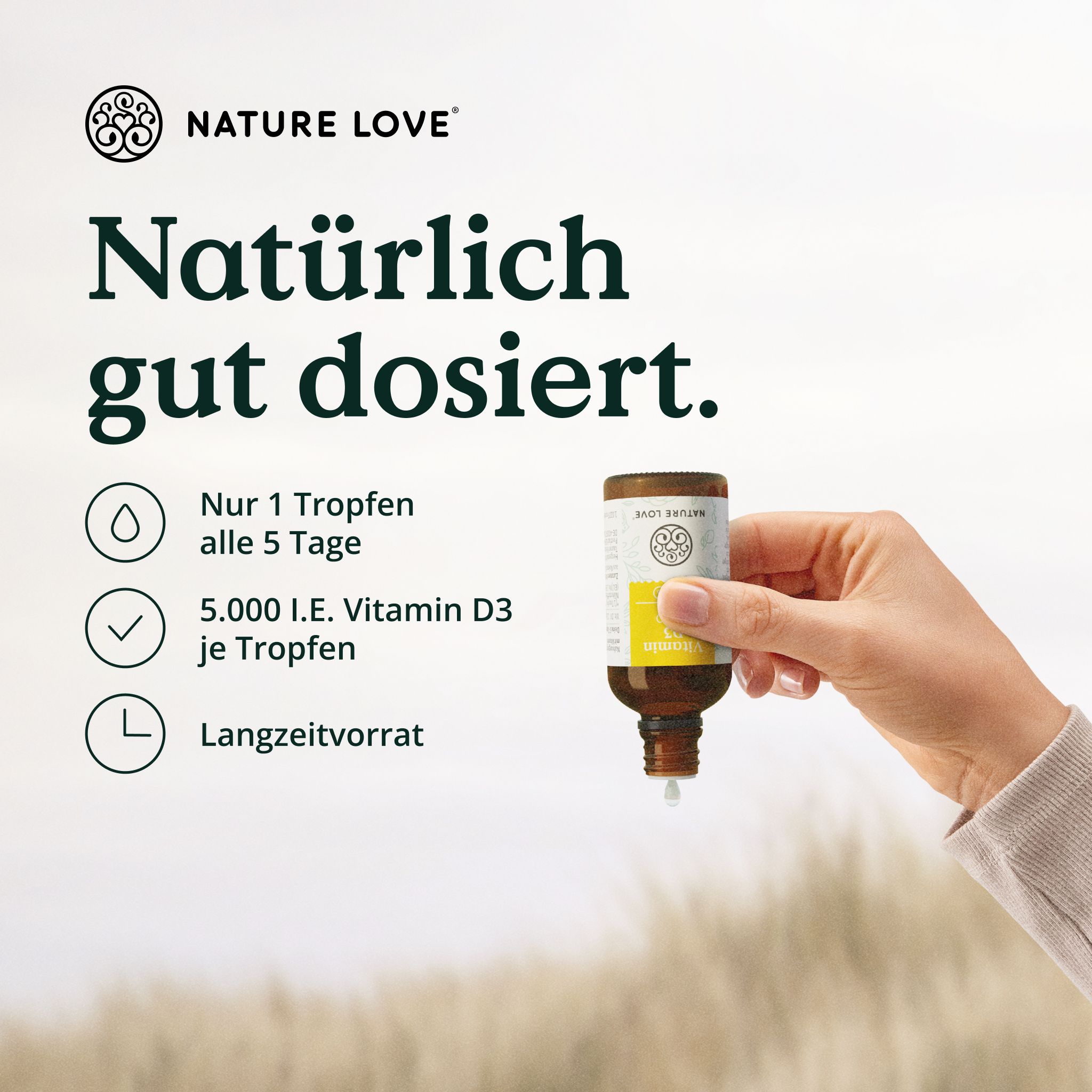NATURE LOVE® Vitamin D3 5000 (50ml flüssig) - Laborgeprüfte 5000 I.E. pro Tropfen - in MCT-Öl Kokos