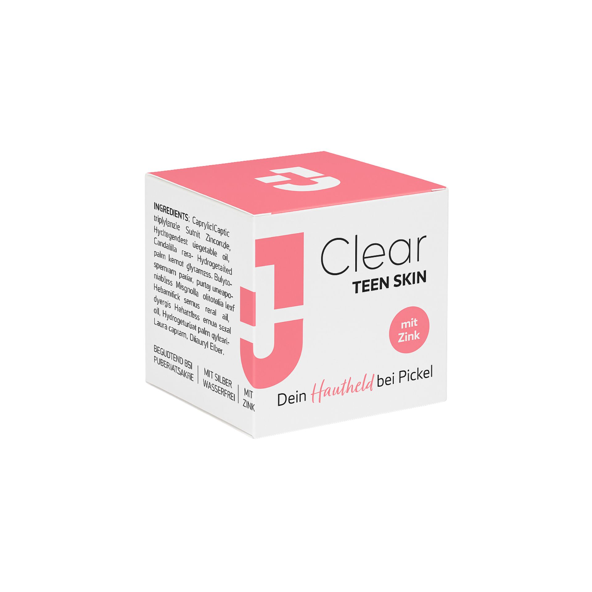 Karton mit Produktinformationen. Aufschrift: Clear TEEN SKIN, mit Zink. Dein Hautheld bei Pickel. Inhaltsstoffe.