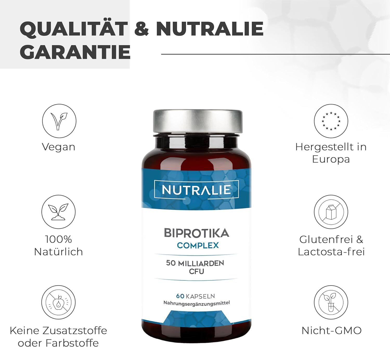 Flasche mit "Nutralie", "Biprotika Complex", "50 Milliarden CFU" und "60 Kapseln". Text: Qualität & Nutralie Garantie.