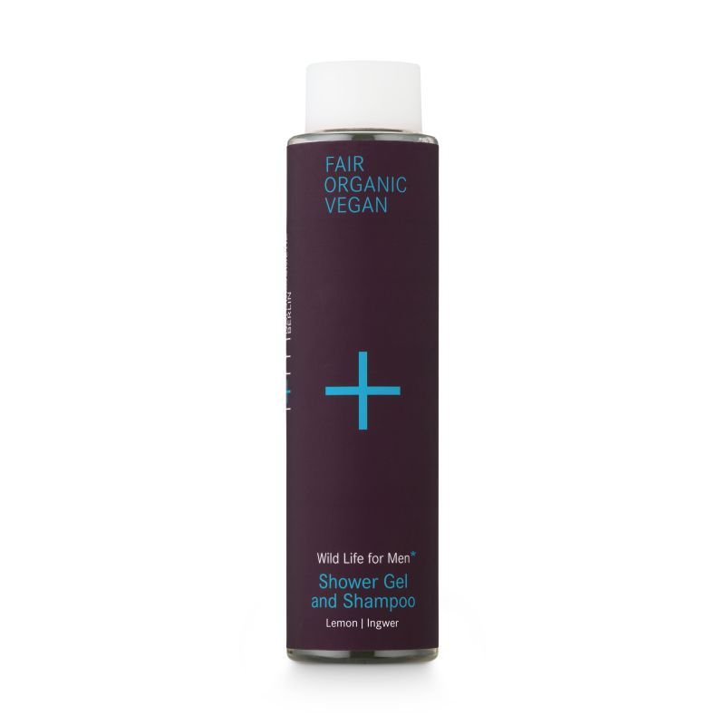 Dunkelviolette Flasche mit weißem Deckel. Aufschrift: FAIR ORGANIC VEGAN, Pluszeichen, Wild Life for Men, Duschgel und Shampoo.