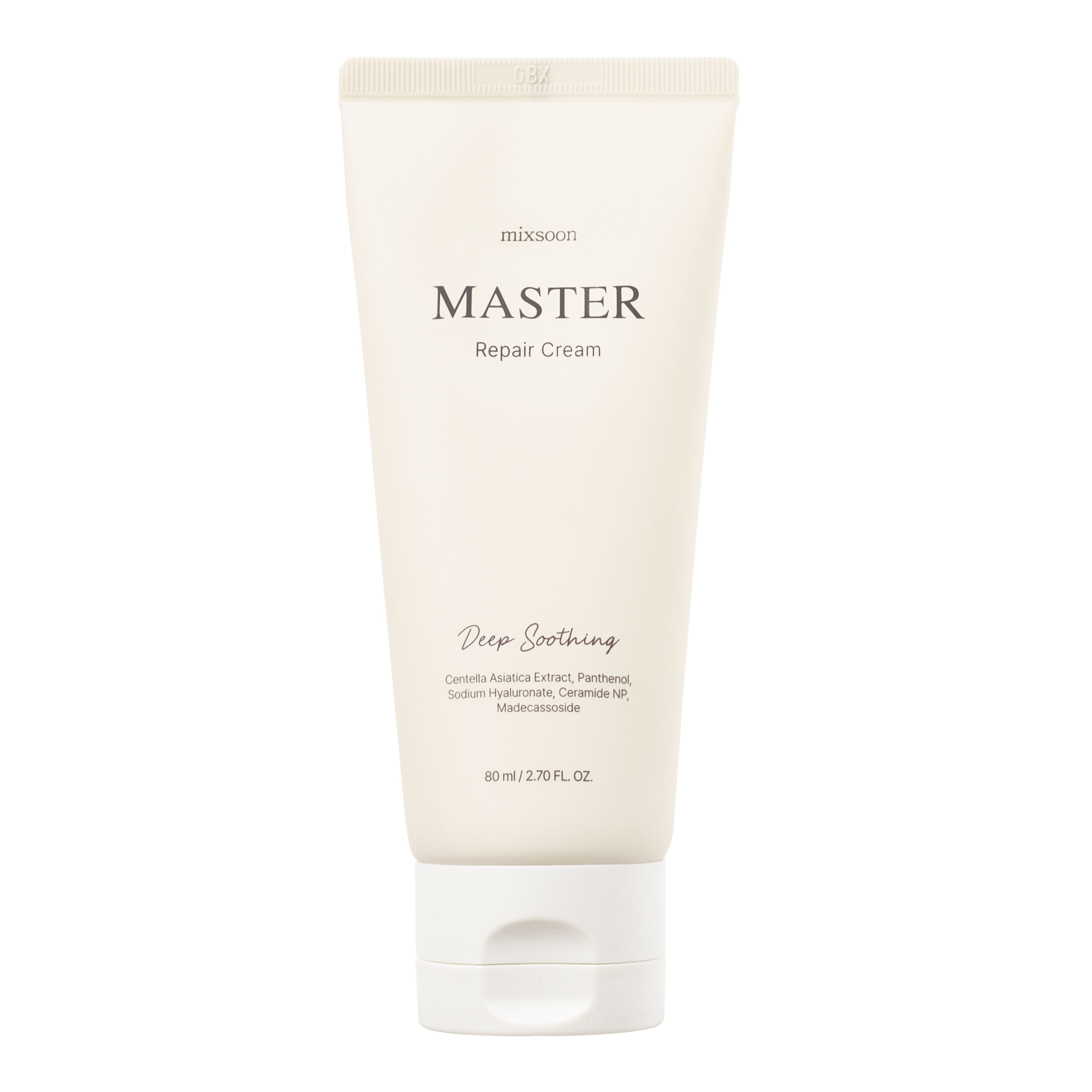 Creme-Tube mit Schriftzug MASTER Repair Cream Deep Soothing. Weißer Tube mit weißem Deckel. Inhaltsstoffe.