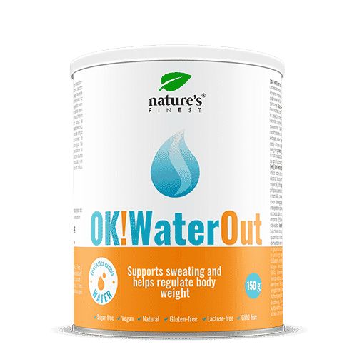 Zylinderdose mit OK!WaterOut. Orangefarbener Aufkleber mit Produktinformationen. Grün-weißes Logo.