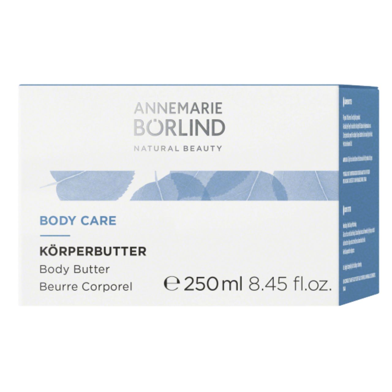 Weiße Schachtel mit Aufschrift ANNEMARIE BÖRLIND, BODY CARE, KÖRPERBUTTER, Body Butter, Beurre Corporel. 250 ml.