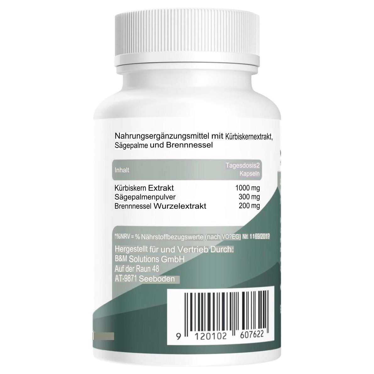 Rückseite der Kapsel-Dose. Text: Nährwertangaben, Herstellerinformationen, Barcode. Zutaten: Kürbiskernextrakt, Sägepalme, Brennnessel.