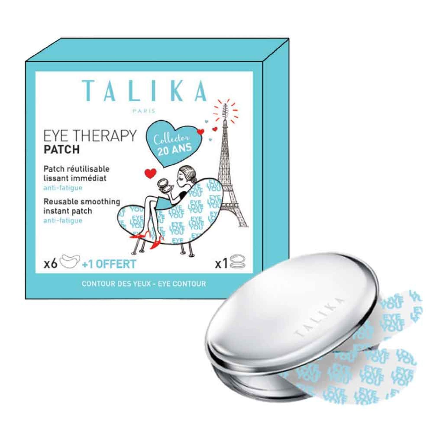 Verpackung mit Talika Eye Therapy Patch. Hellblaue Schachtel mit Produktabbildung und Text. Enthält Augenpflaster und eine Metallbox.