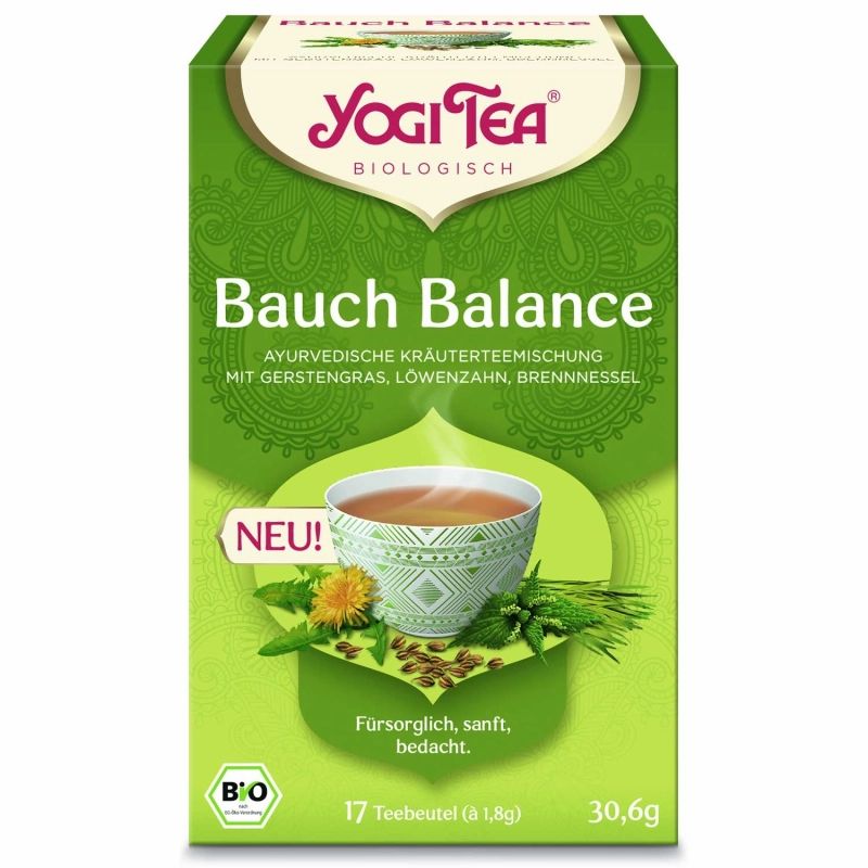 Grüne Verpackung mit Yogi Tea Bauch Balance. Text: Ayurvedische Kräuterteemischung. Mit 17 Teebeuteln. Bio-Siegel.
