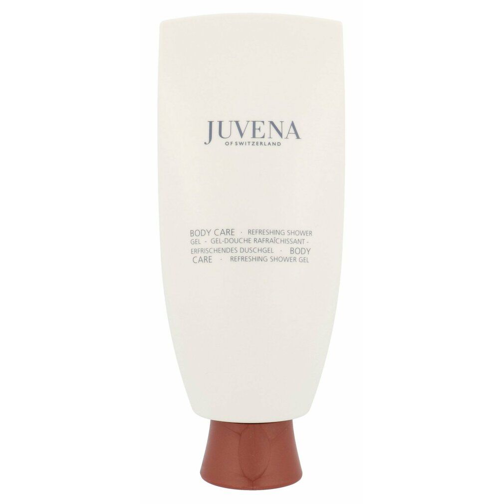 Beigefarbener Flakon mit braunem Verschluss. Aufschrift: Juvena of Switzerland, Body Care, Refreshing Shower Gel.