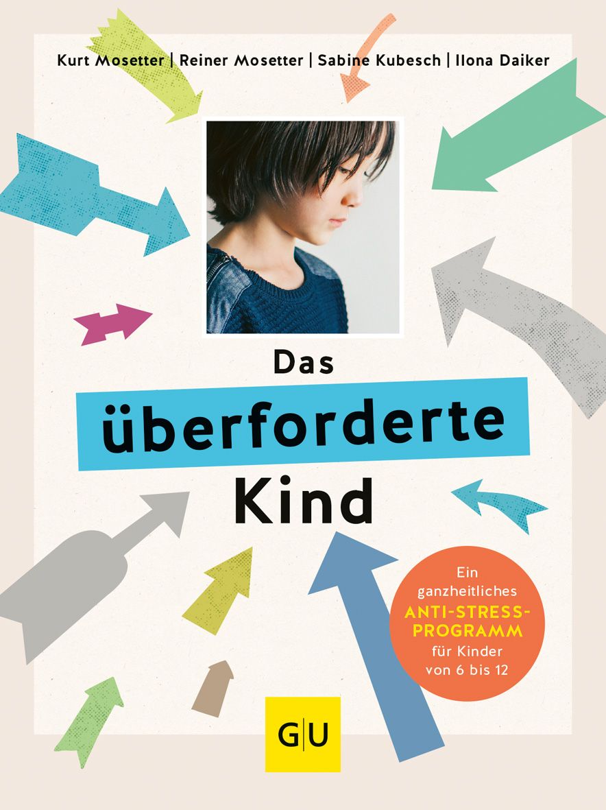 Buchcover: "Das überforderte Kind". Titel in Türkis, Foto eines Kindes, Pfeile. GU-Verlag. Anti-Stress-Programm für Kinder von 6-12 Jahren.