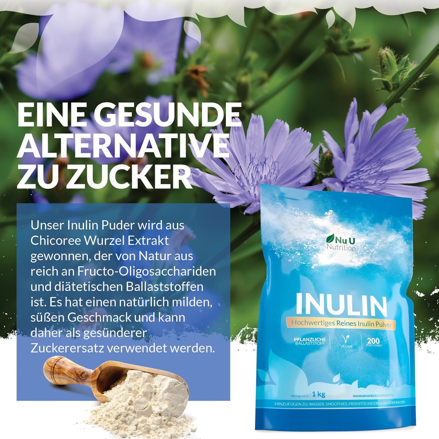 Inulin-Pulver neben Chicorée-Wurzel-Extrakt und Blüten. 1 kg Verpackung, vegan, 200 Portionen. Holz-Löffel mit Pulver.