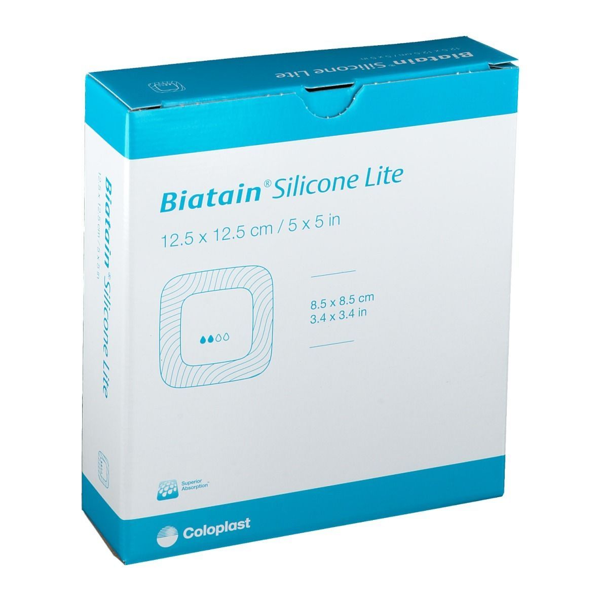 Verpackung von BIATAIN® Silicone Lite. Blaue und weiße Schachtel mit Produktnamen und Größenangaben. Coloplast Logo.