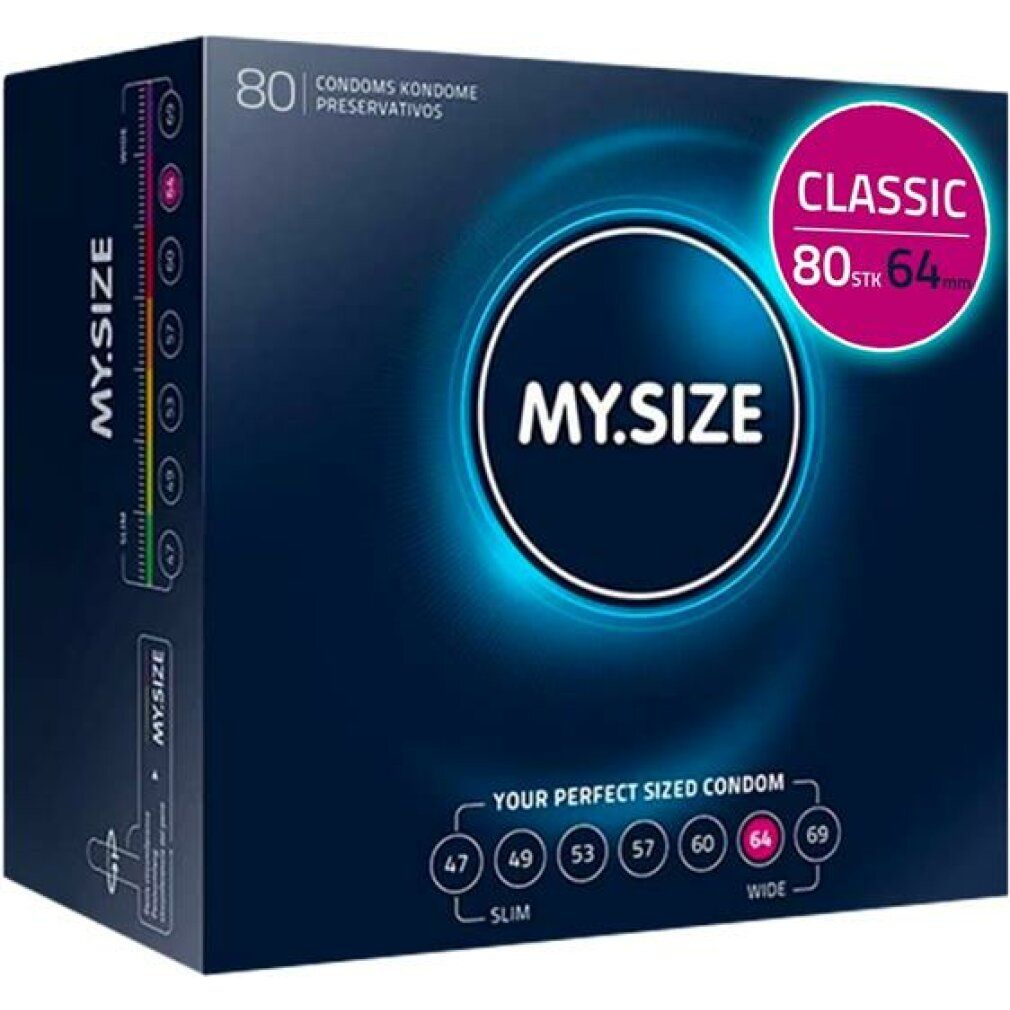 Dunkelblaue Schachtel mit MY.SIZE Logo. Enthält 80 Kondome. Größe 64 hervorgehoben.