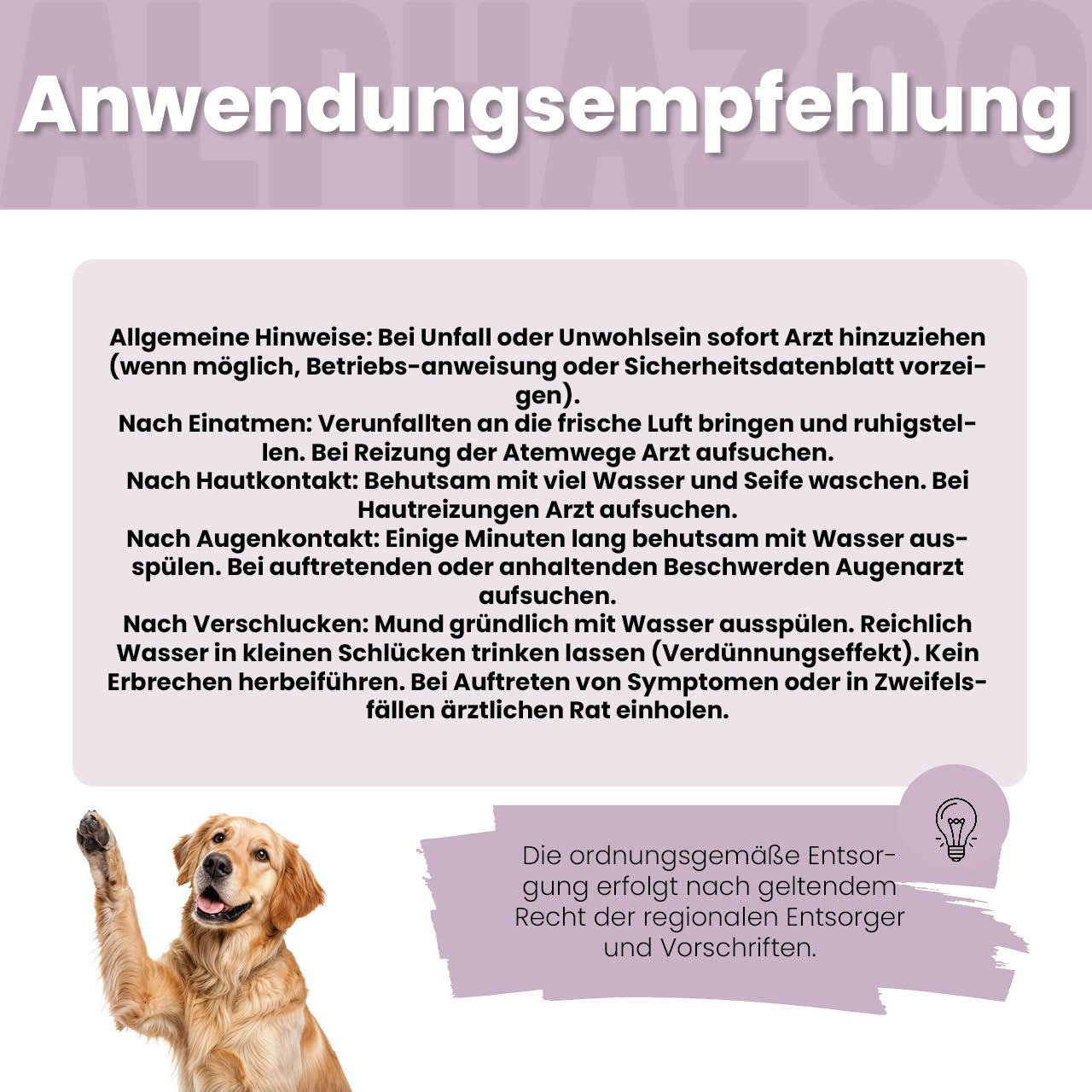 Goldener Retriever. Text: Anwendungsempfehlung. Allgemeine Hinweise. Bei Unwohlsein Arzt aufsuchen. Entsorgung nach Vorschriften.