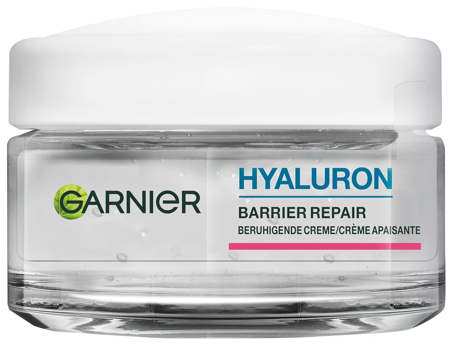 Garnier Hyaluron Barrier Repair Gesichtscreme. Weißes Glas mit Deckel. Text: Hyaluron, Barrier Repair, beruhigende Creme.