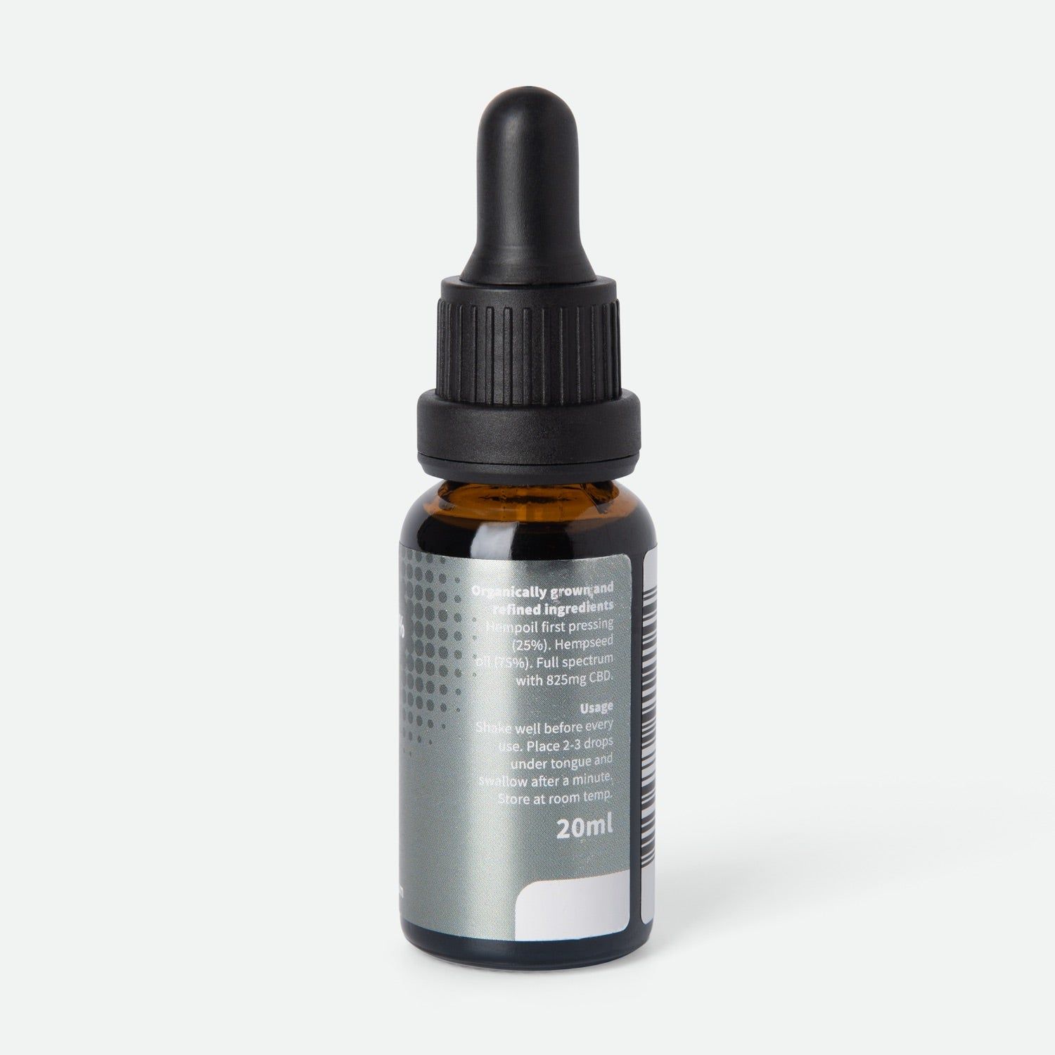 Rückseite einer CBD Öl Flasche mit Inhaltsstoffen und Anwendungshinweisen, 20ml.