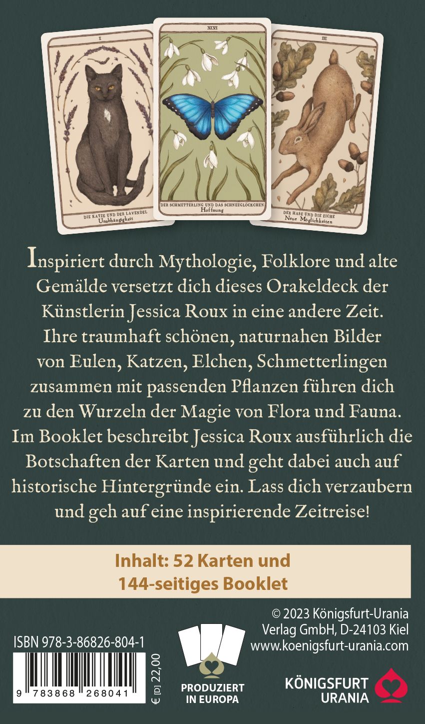 Rückseite des Buches mit Text und Abbildungen von Karten. Enthält 52 Karten und ein 144-seitiges Booklet. Verlag: Königsfurt-Urania.