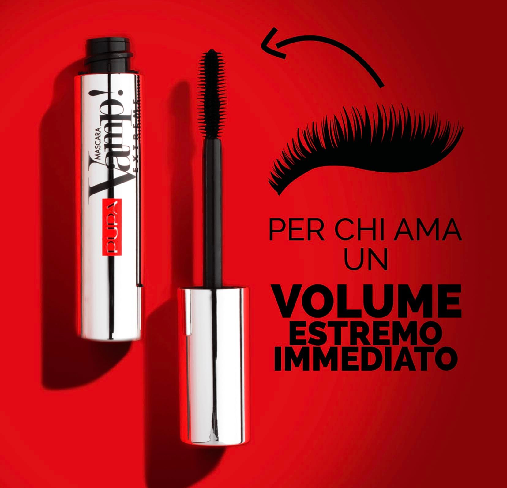 Mascara-Tube und Wimpern-Illustration. Text: Volumen extremo inmediato.