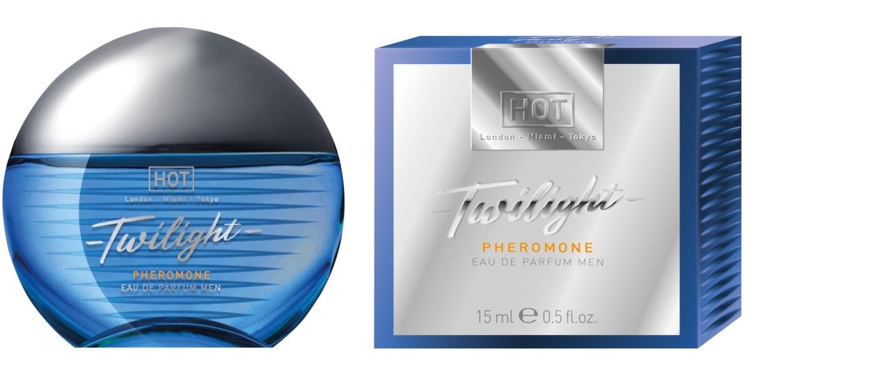 Flasche und Verpackung von Twilight Pheromone Parfum für Männer, 15ml.